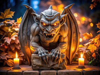 Obraz premium A majestic stone gargoyle Halloween decoration illuminated from within, its eerie glow casting an ominous shadow, adding an air of spooky mystique to any fall display.