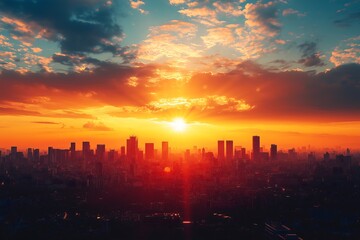 Dramatic orange sky with fluffy clouds over a bustling city skyline at sunset