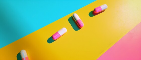 Colorful capsules aligned diagonally on a vibrant background, symbolizing health, medicine, and modern pharmaceuticals with a pop-art feel.