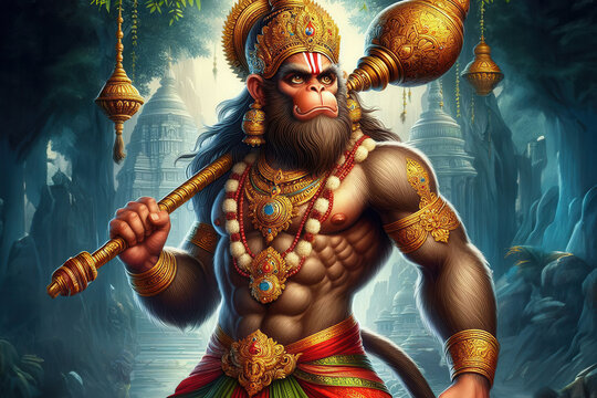 A powerful and dynamic image of Lord Hanuman, the revered Hindu deity known for his strength, devotion, and courage