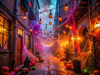 Obraz premium A mysterious, fog-shrouded alleyway in Long Island City transforms into a vibrant, neon-lit Halloween party scene, complete with cobwebs, lanterns, and jack-o'-lanterns.
