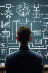 A person standing in front of a chalkboard. On the chalkboard, there is a complex flowchart with various boxes and arrows indicating a sequence or process
