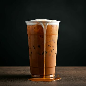 Iced milk tea overflowing in plastic cup with copy space
