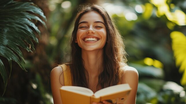 Happy woman reading a book in a garden