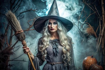 A mystifying gray witch costume, complete with a pointed hat, broom, and eerie atmosphere, sets the tone for a hauntingly magical Halloween celebration.