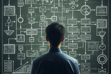 A person standing in front of a chalkboard. On the chalkboard, there is a complex flowchart with various boxes and arrows indicating a sequence or process