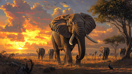 Fototapeta premium African Elephant Herd at Sunset