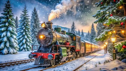 A nostalgic, snow-covered, vintage-style steam locomotive chugs along a festively decorated track, carrying joyful riders amidst a winter wonderland of evergreen trees and sparkling snowflakes.