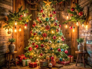 A nostalgic, ornate, and twinkling vintage Christmas tree stands tall, adorned with retro ornaments, garlands, and festive lights in a cozy, rustic winter setting.