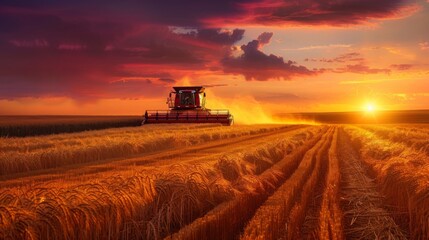 Fototapeta premium Tractor Working in Golden Wheat Fields at Sunset Over Beautiful Sky