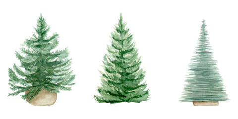 Watercolor set illustration with three Christmas trees, on white background, hand drawn