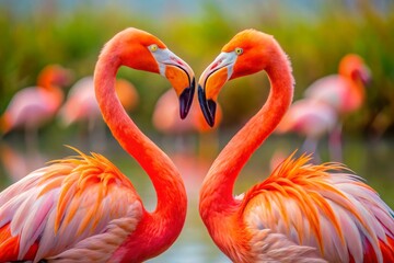 Fototapeta premium A pair of pink flamingos with vibrant orange and yellow beaks, entwined in a tender embrace, amidst a scenic African savannah landscape.