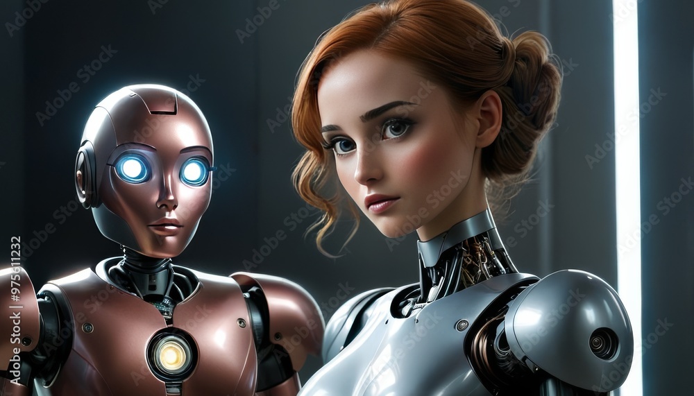 Poster a futuristic female robot with a human in a high-tech environment. the scene highlights the coexiste