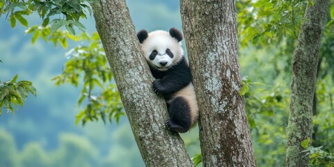 Obraz premium panda climbing a tree realistic stock geographic photography style 