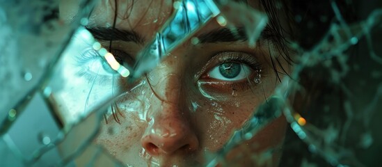 Dramatic and surreal closeup portrait of a young male face with a soulful troubled gaze his skin and features appearing fractured and damaged as if through broken glass or digital manipulation