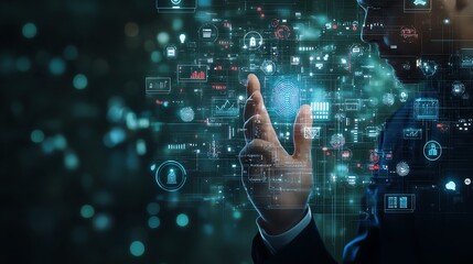 Businessman interacting with futuristic digital interface, technology, innovation, data visualization in a modern workspace.