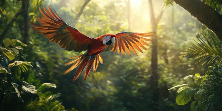 parrot flying in a rainforest geographic photography style 