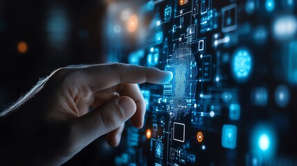 Obraz premium Close-up of a hand touching a digital interface with glowing icons and futuristic technology, symbolizing digital innovation and human interaction.