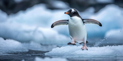 Fototapeta premium penguin waddling on ice geographic photography style
