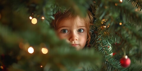A child peeking out from behind a Christmas tree