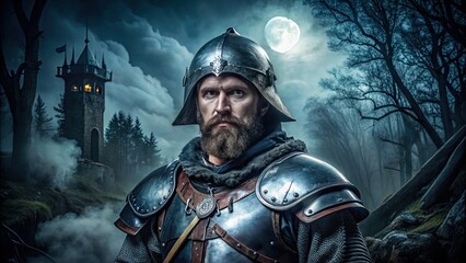 A rugged bearded man dressed in a medieval knight costume, with a silver helmet and armor, poses confidently against a dark, eerie, and misty Halloween night background.