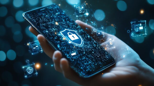Hand holding smartphone with digital lock and security symbols. Concept of mobile data protection, cybersecurity, and privacy.