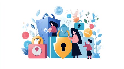 Fototapeta premium Illustration of security and privacy concept with people interacting with locks and keys. Ideal for cybersecurity, data protection themes.