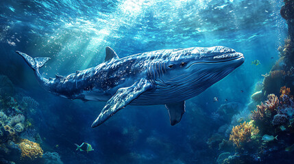 Fototapeta premium Whale Swimming in a Vibrant Coral Reef