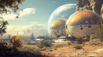 A visionary space colony concept on Mars, showcasing advanced habitats and infrastructure for human life beyond Earth.