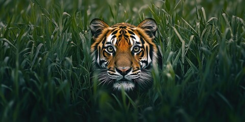Fototapeta premium tiger hiding in tall grass geographic photography style 