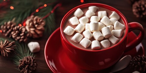 A hot cup of cocoa with marshmallows 