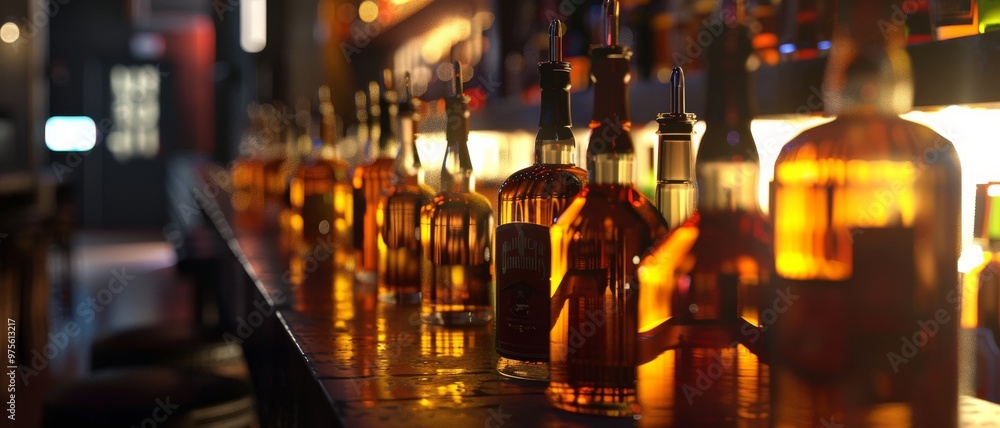 Aufkleber A dimly lit bar counter showing a row of amber-colored whiskey bottles glowing under warm lighting, inviting patrons to unwind and indulge.