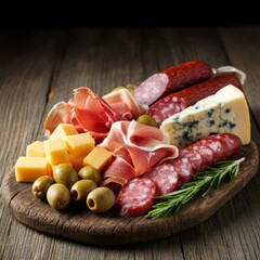 Assorted Sliced Cheese and Meat Platter on Wooden Board for Wine Tasting Featuring Brie, Camembert, Parmesan, Salami, Prosciutto, and Cured Meats, Accompanied by Olives and Bruschetta.