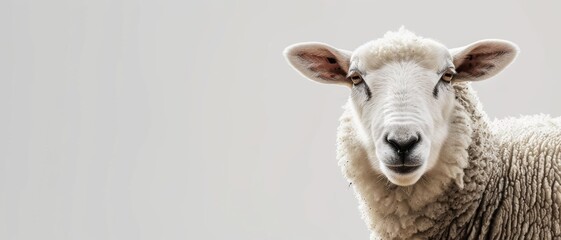 Fototapeta premium A close-up of a white sheep against a plain background, emphasizing its curly wool and expressive face.