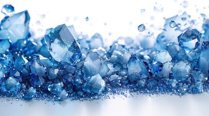 A close-up shot of a pile of blue ice crystals, with some flying up and out of the pile, on a white background.