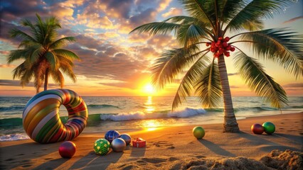 A serene coastal scene features a decorated palm tree, ornate holiday inflatables, and beach balls amidst a tranquil sunset with warm golden lighting.