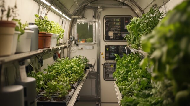 A space botanics lab aboard a spacecraft, where plants are grown in microgravity to study their behavior in space environments.