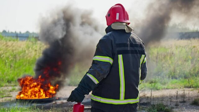 Firefighter in full turnout gear using fire extinguisher to put out controlled blaze during outdoor training exercise. Firefighter stands in front of fire. Flames visible and firefighter is focused