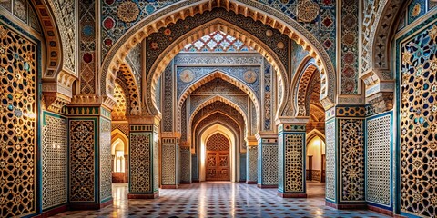 Intricate arches and geometric patterns seamlessly blend in a breathtaking display of Arabic architecture, showcasing mastery of art and design.