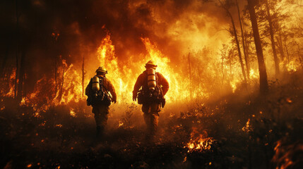 The image captures the intensity of a wildfire, with firefighters battling to contain the raging flames.