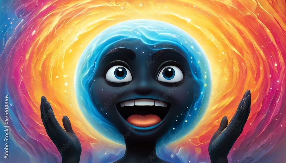 Poster a surreal 3d illustration featuring a character with a glowing blue head and joyful expression. the 