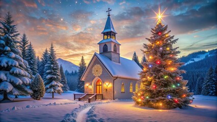 A serene winter wonderland scene with snowflakes gently falling on a quaint church, adorned with festive lights and a majestic Christmas tree at dawn.