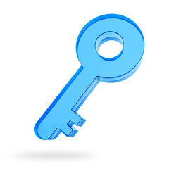 blue transparent key icon, isolated on white background, 3d render
