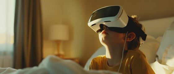 A young boy, enraptured by a virtual reality (VR) headset, sits comfortably in bed as warm ambient light fills the cozy room.
