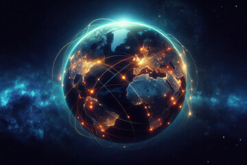 Obraz premium The Earth from space at night, showcasing continents lit up with city lights and a network of glowing curved lines connecting different points across the continents, symbolizing global communication l