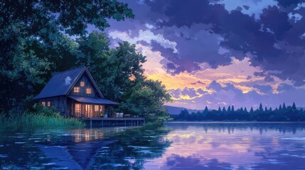 Fototapeta premium Serene anime cottage by a calm lake, the stormy sky in contrast with the peaceful atmosphere, gentle waves on the water, soft lighting