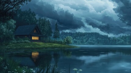 Fototapeta premium Serene anime cottage by a calm lake, the stormy sky in contrast with the peaceful atmosphere, gentle waves on the water, soft lighting