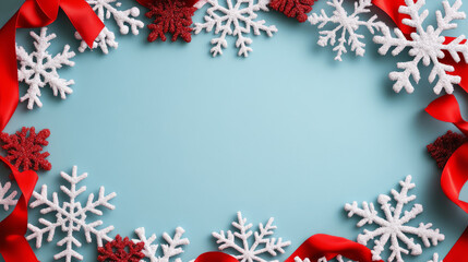Red And White Snowflakes With Red Ribbon Border On A Blue Background. Christmas Decor. Winter Celebration.