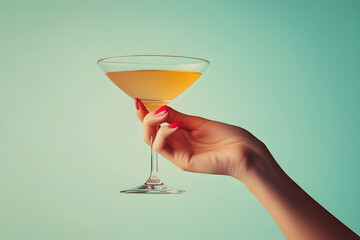 This vintage retro female hand holding a cocktail is isolated on a plain background, typical of the 1960s and 70s