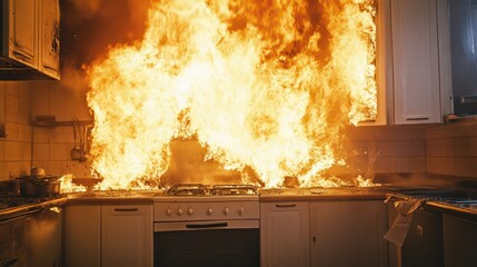 A fire at home, with flames engulfing a kitchen, highlighting the danger and urgency of fire safety.